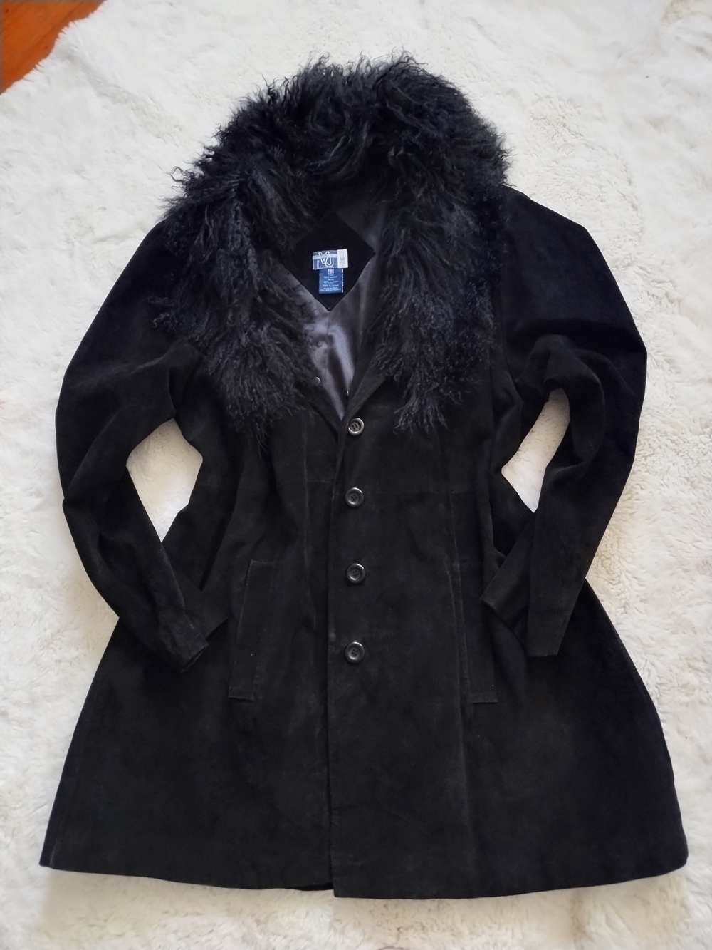 Venezia Jeans Vintage Black Suede Leather Coat Real Lamb Fur Trim